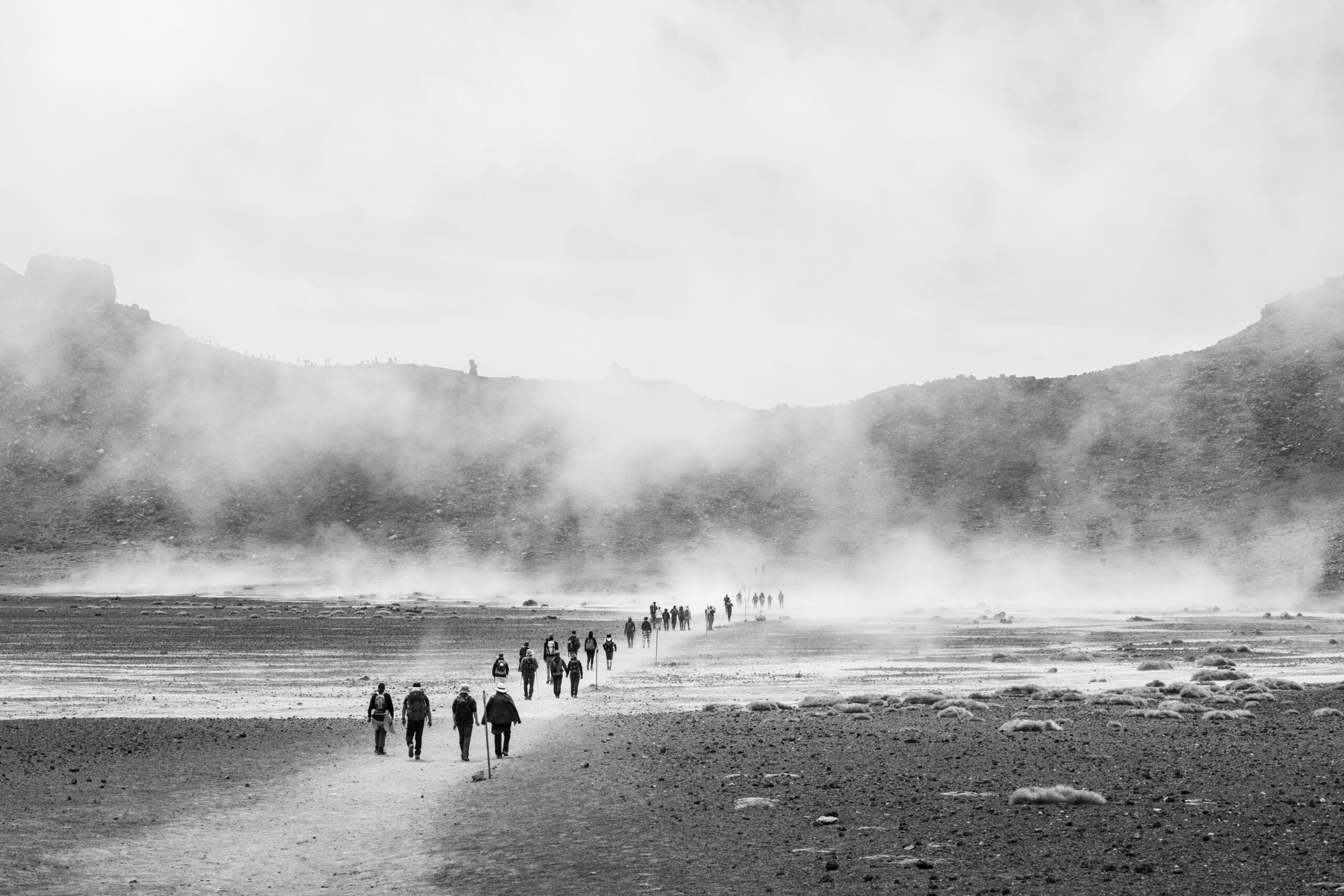 People walking along a beach under bright daylight, symbolizing movement, transition, and new beginnings in the context of migration