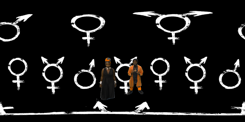 Ein Film-Still der Dokumentation African Space Makers. Der Hintergrund ist eine Illustration 
verschiedener Gendersymbole in Weiß auf schwarzem Hintergrund.  Unten in der Mitte sind zwei mittels Greenscreen eingefügte Personen, von denen eine eher weiblich gelesen ist, die andere eher männlich.   Sie stehen vor jeweils einem Pfeil im illustratorischen Stil, der in ihre Richtung zeigt.