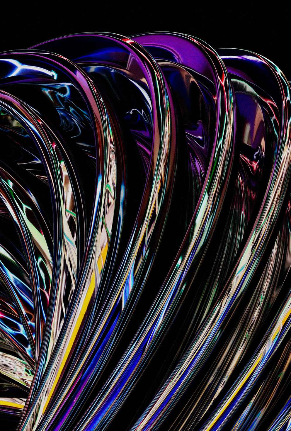 Abstrakte digitale Kunst, metallisch, schimmernde Spiralen.