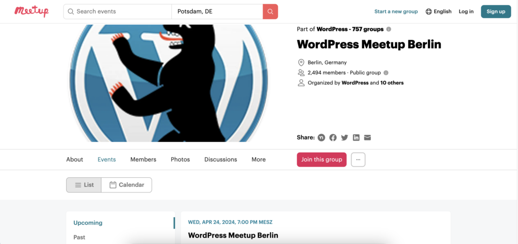 Meetup Page auf der Website von Meetup Berlin, zu sehen ist der Berliner Bär (Wappen von Berlin) auf dem WordPress Logo