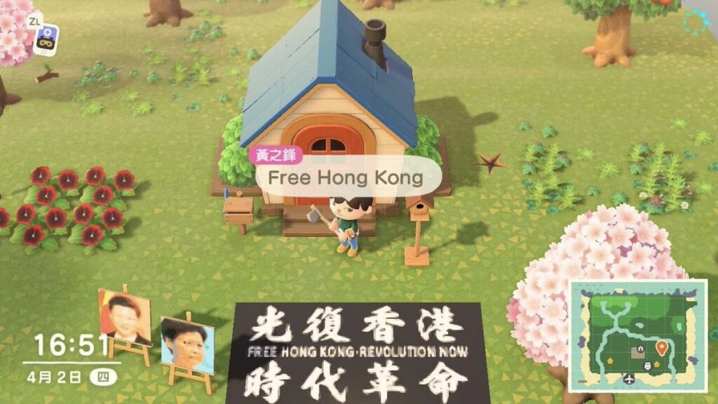 Screenshot aus dem Spiel Animal Crossing: New Horizon mit Protestaktion: Free Hong Kong Revolution Now
