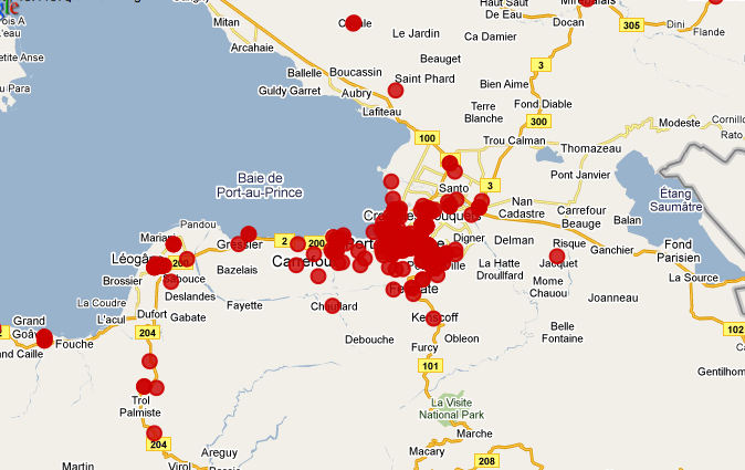 Geografische Karte mit eingezeichneten roten Punkte, die Erdbeben in Haiti 2010 darstellen