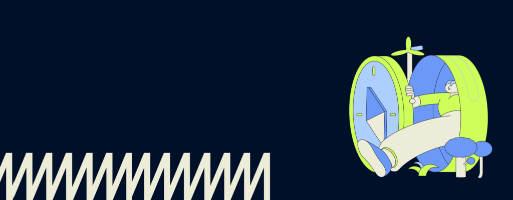 Startseitengrafik von IMMPACT.guide, eine illustrierte Person geht aus einer Kapsel neben einem WIndrad und Bäumen