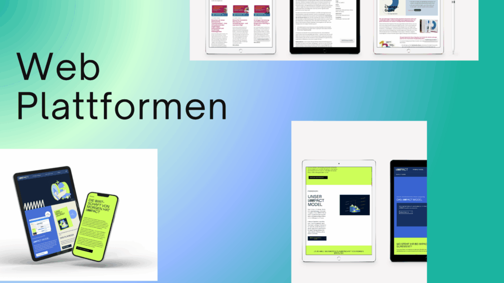 Schaubild zur Darstellung von Konnektiv gestalteten Web Plattformen. Man sieht Ausschnitte von gestalteten Apps und Tablets.