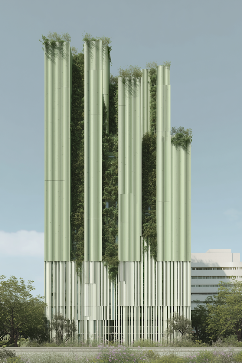 Green Urban Architecture A modern green building with vertical panels and integrated vegetation, blending architecture and nature in a sustainable design.