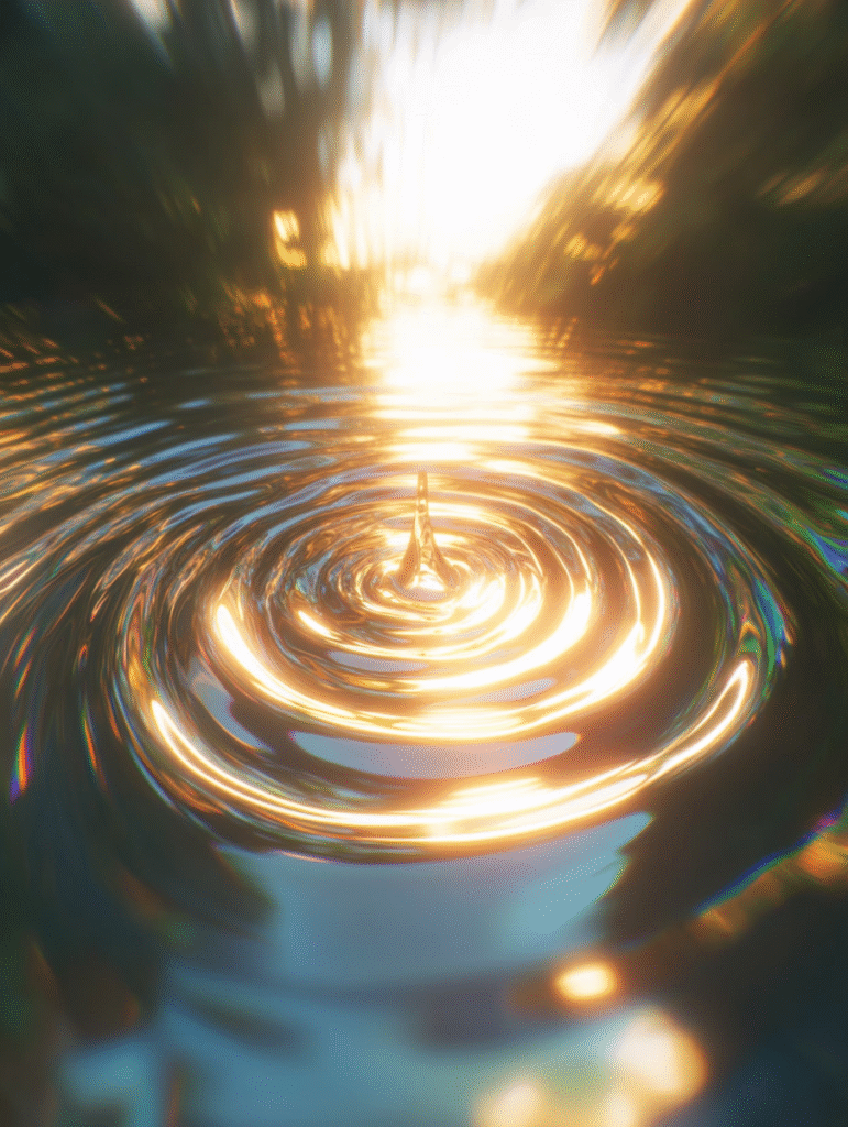A water droplet creates golden ripples on a calm surface, reflecting sunlight in a serene and tranquil scene.